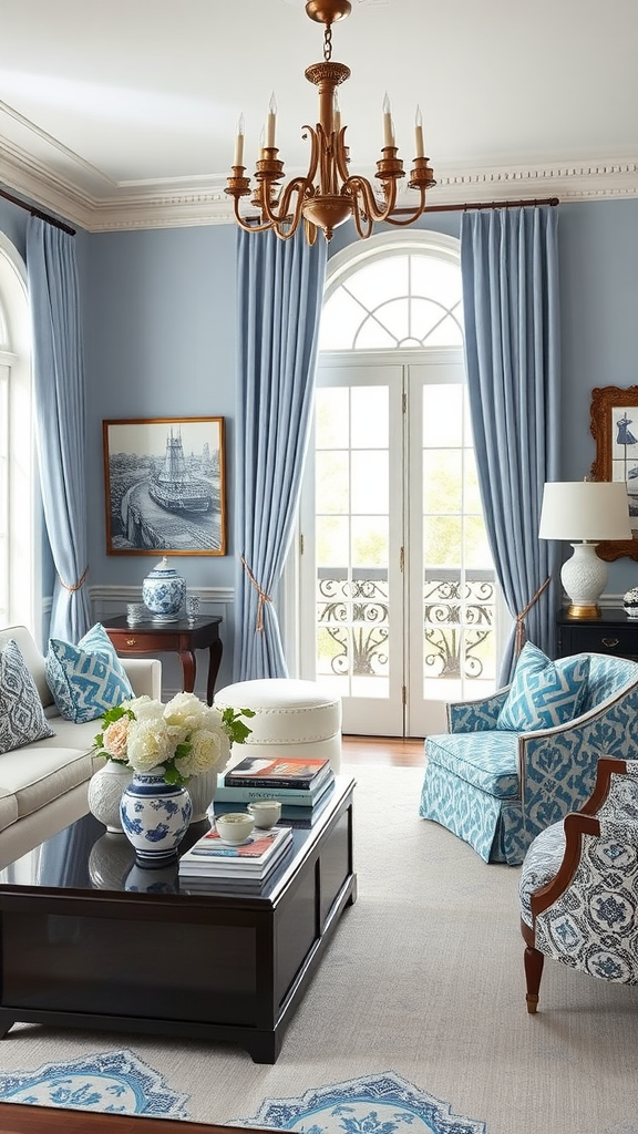 Living room with blue and white decor, featuring elegant curtains, cushions, and floral arrangements.