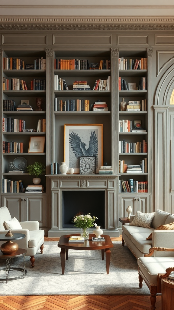 Living room with classic bookshelves, elegant furniture, and warm lighting.