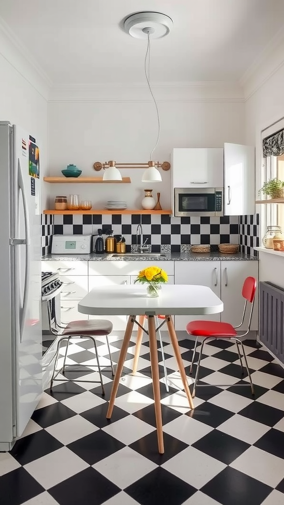 A 1950s style kitchen featuring classic black and white checkerboard flooring with a small dining table and colorful chairs.