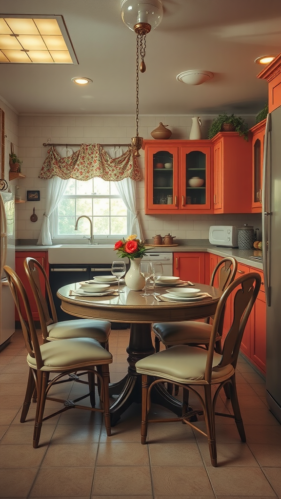 A cozy 1950s kitchen with bright orange cabinets and a round dining table set for a meal.