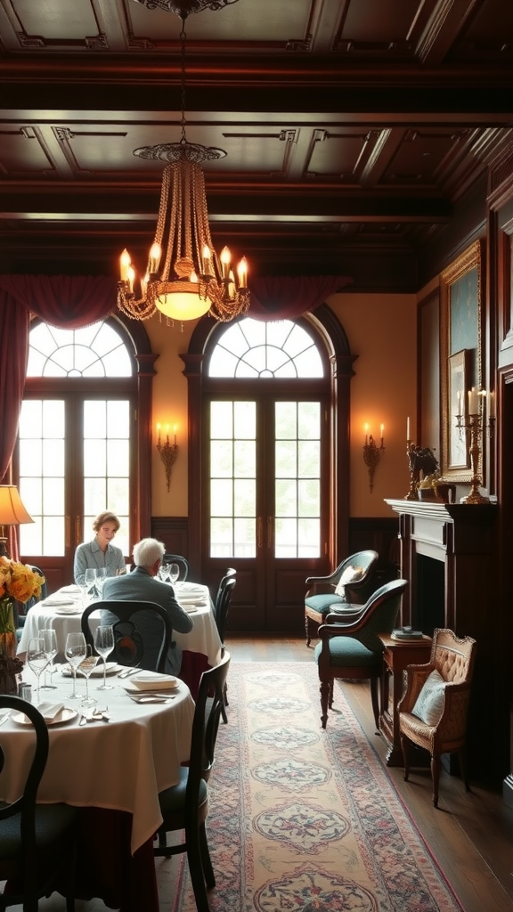 A cozy dining room featuring antique furniture and warm lighting.