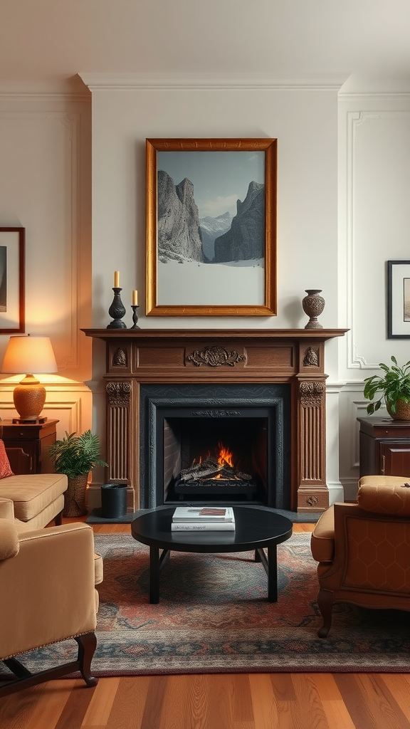 Cozy living room with a classic fireplace at the center, surrounded by comfortable seating and decorative elements.