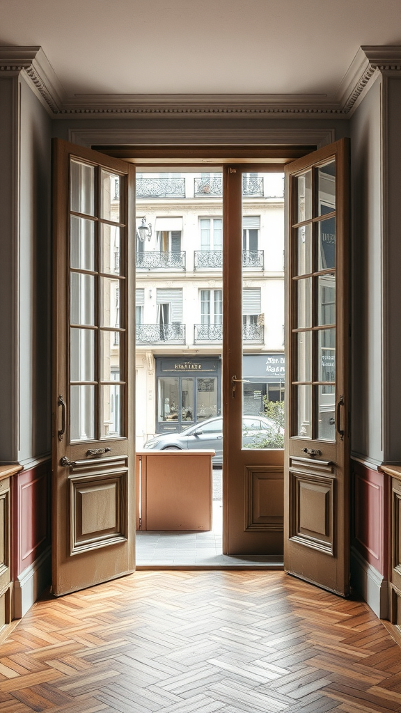 Classic French doors opening to a street view in a Parisian living room