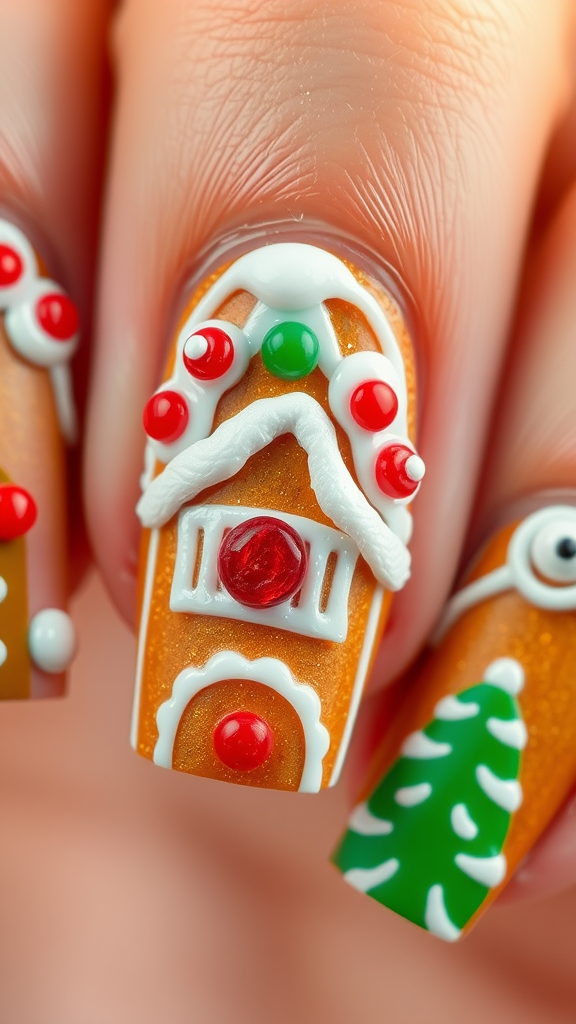 Nail art featuring a gingerbread house design with colorful decorations.