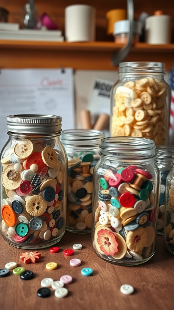 A collection of mason jars filled with colorful buttons and craft supplies on a wooden table.