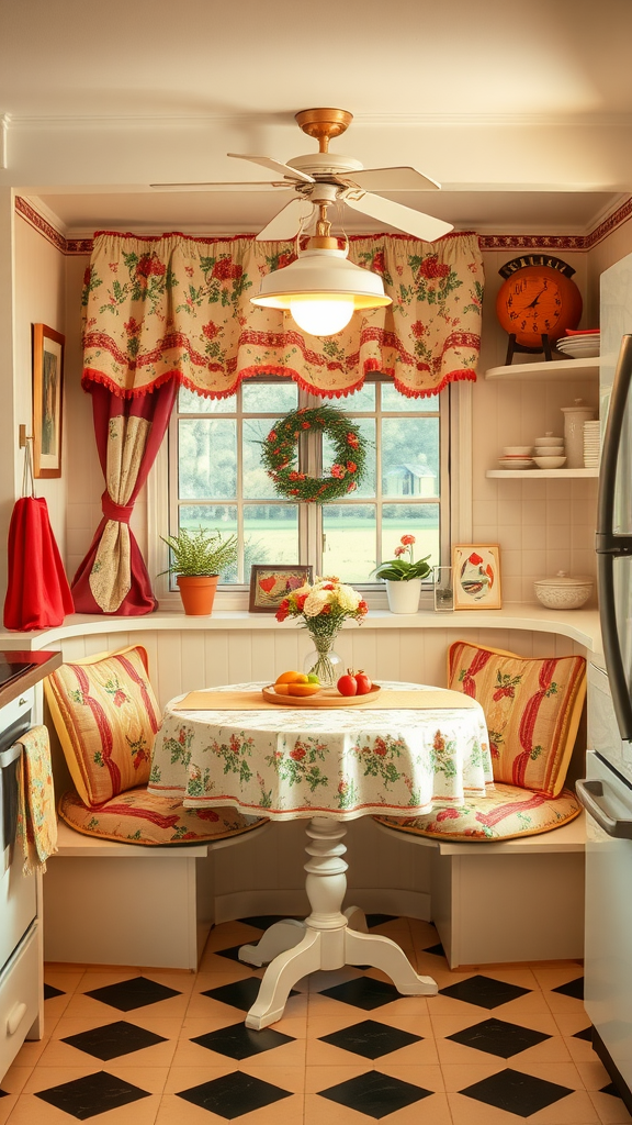 A cozy round breakfast nook with floral curtains and a table set with fruits.