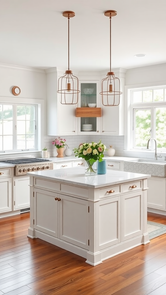 A beautifully designed farmhouse kitchen with a classic Shaker style island, featuring a white finish and marble top.