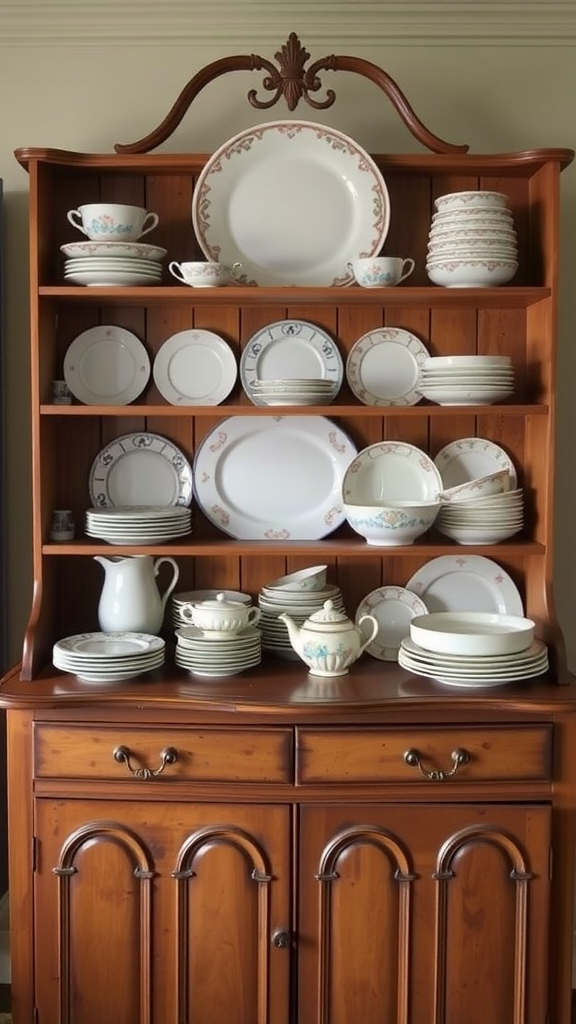 A wooden hutch filled with classic southern porcelain dishes, including plates, cups, and teapots.