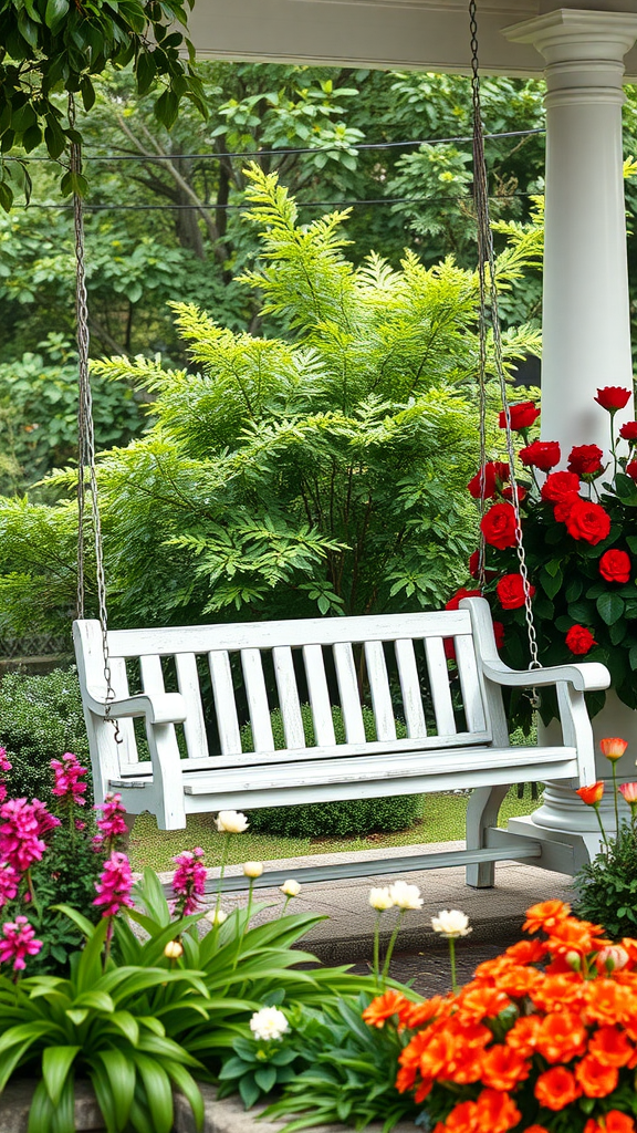 White porch swing surrounded by colorful flowers and greenery.