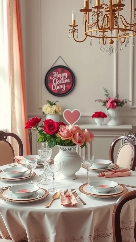 A beautifully set Valentine's Day table with a vase of roses and heart-themed dishes.