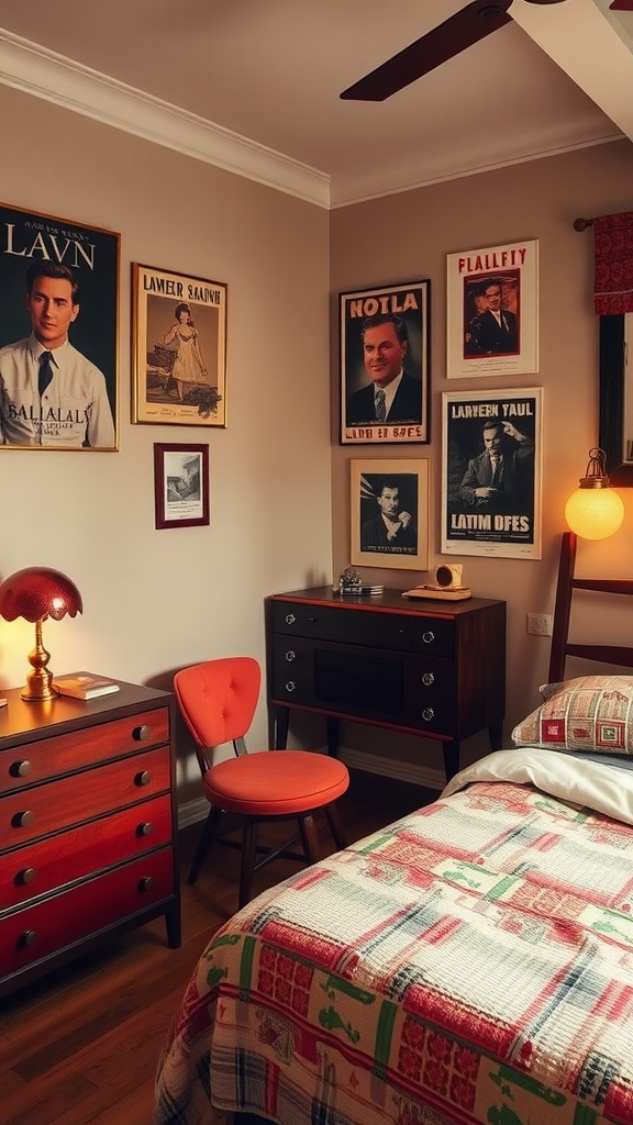 A vintage-style bedroom featuring warm tones, retro furniture, and classic posters on the walls.