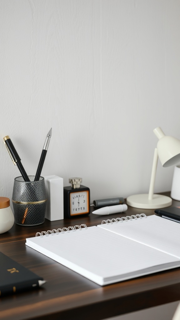 A stylish desk setup featuring white accessories, including pens, a lamp, and a notebook.