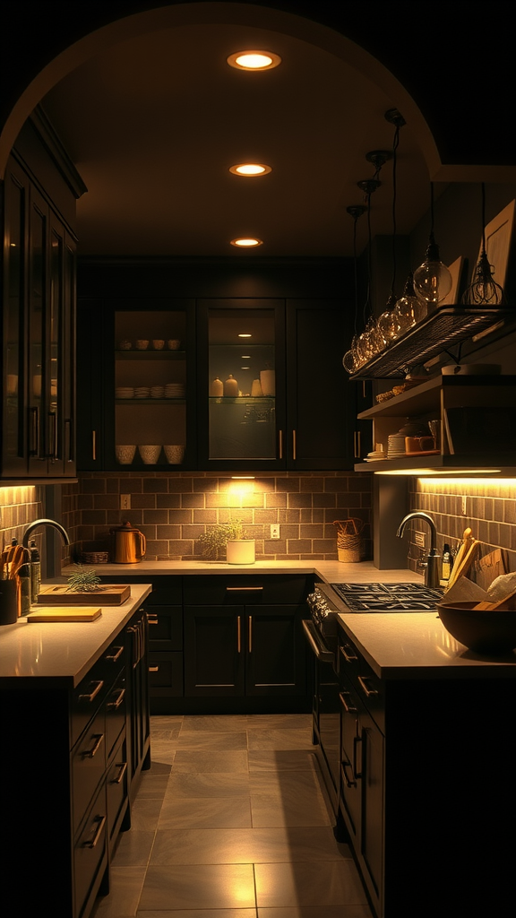 A dimly lit kitchen featuring blue lighting under cabinets and hanging fixtures, showcasing clever lighting solutions.