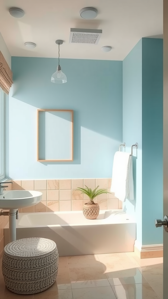 Bright tropical bathroom with blue walls, a white bathtub, and a potted plant.