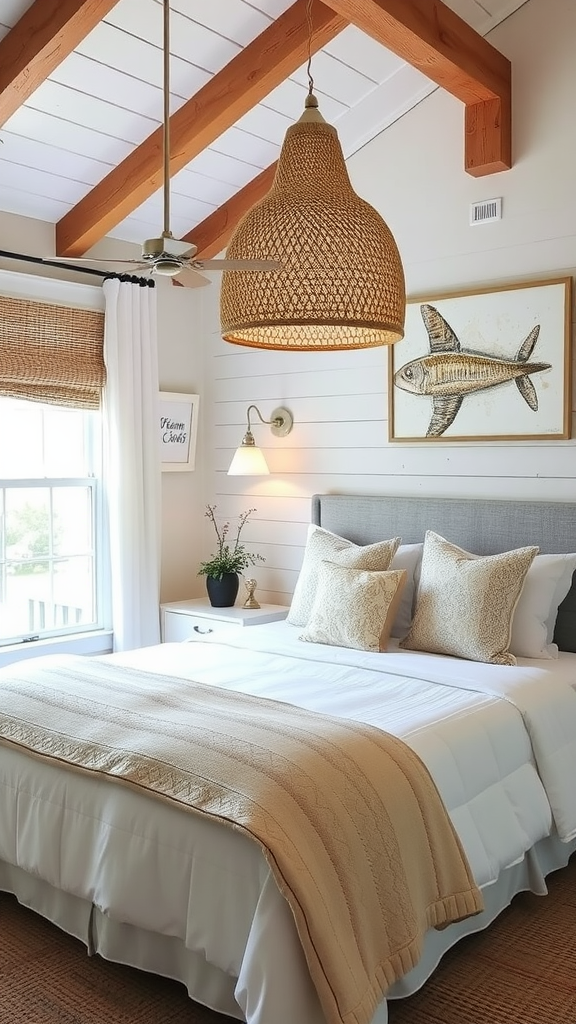 A cozy bedroom with a large woven pendant light over the bed, showcasing a coastal design.