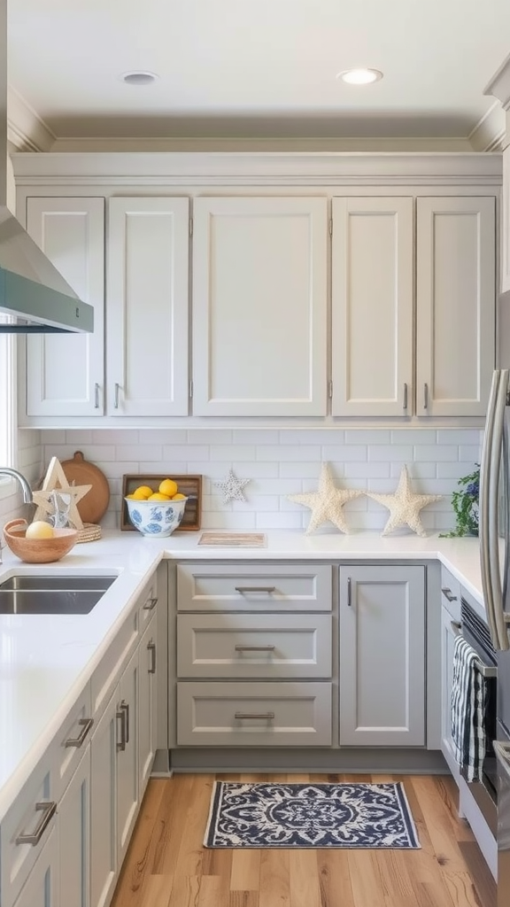 A bright kitchen featuring light gray cabinets, wooden floors, and coastal decor.