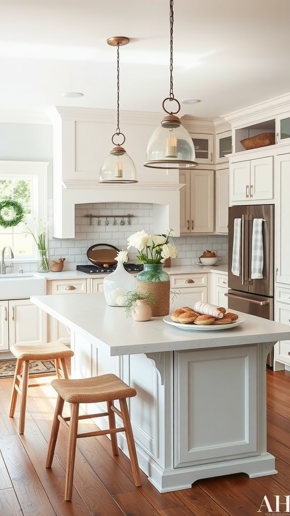 A bright coastal farmhouse kitchen featuring a white island, natural wood stools, and elegant pendant lights.