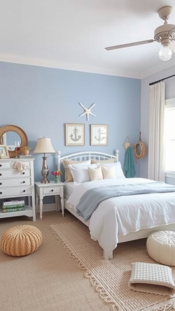 Aesthetic men's bedroom with coastal vibes featuring light blue walls, a white bed, nautical decor, and textured accessories.