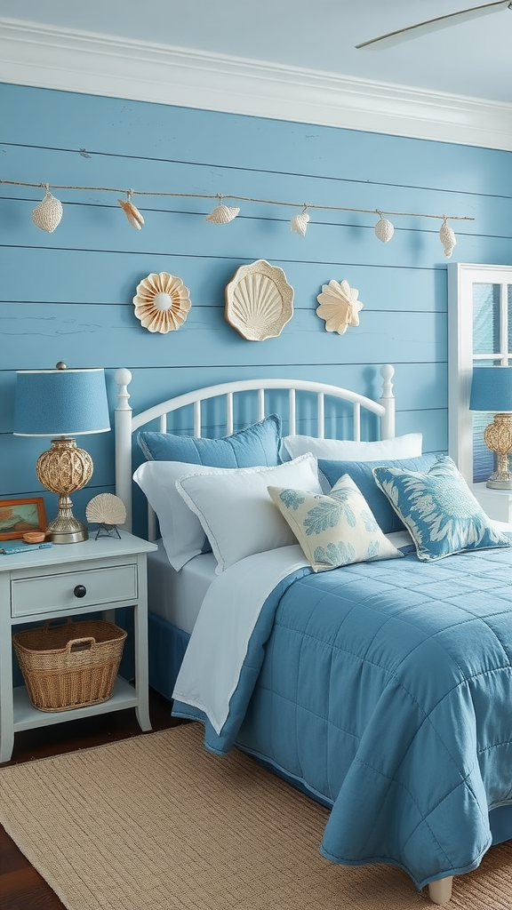 A cozy bedroom featuring blue walls, a blue bedspread, and sea shell decorations.