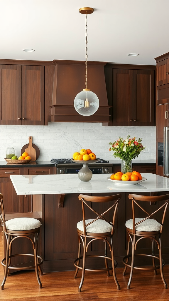 A kitchen featuring a cocoa-colored island with fruit and flowers on top.