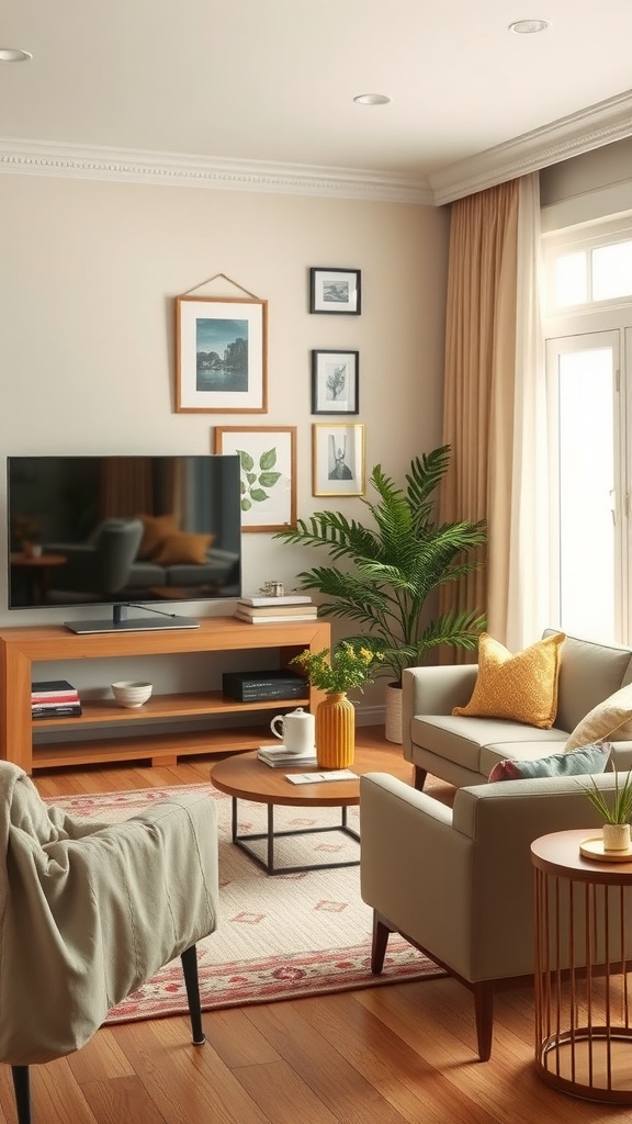 Elegant living room with neutral colors and vibrant accents.