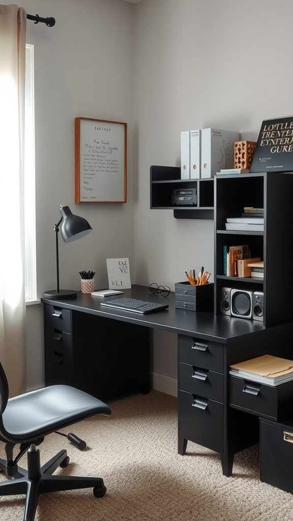 Aesthetic black desk setup with organized supplies and decor