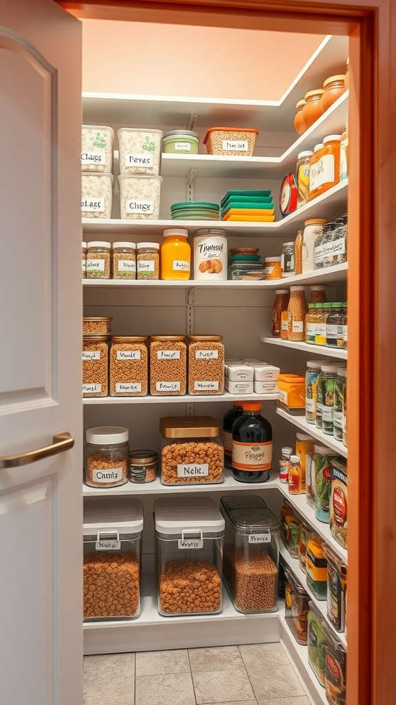 A well-organized corner kitchen pantry with color-coded containers and shelves.