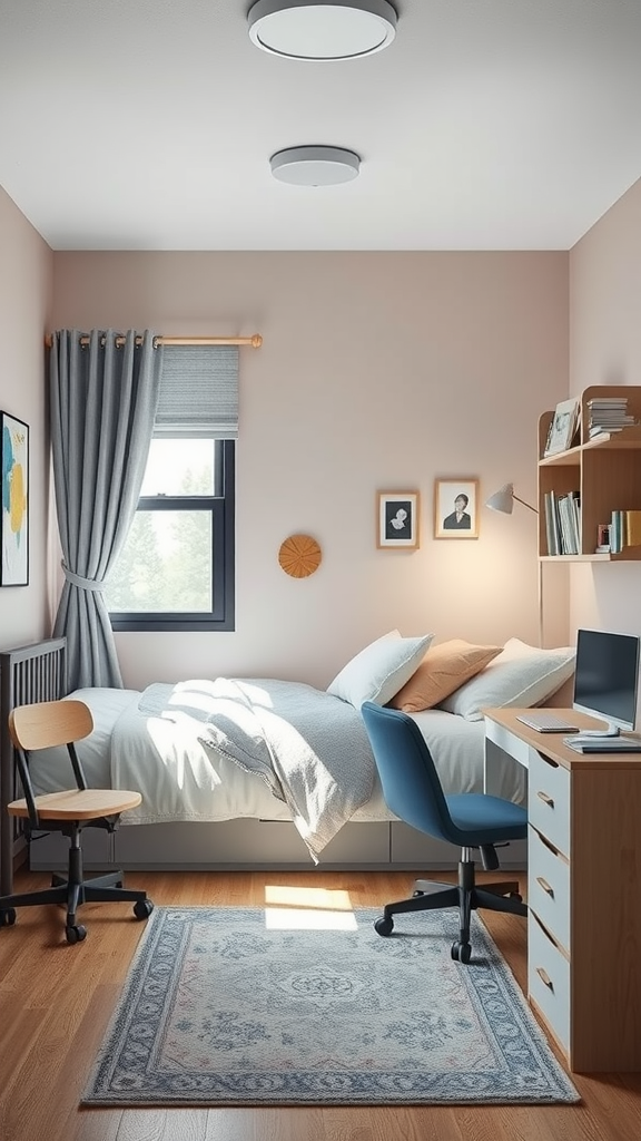 Cozy luxury dorm room with a soft color palette featuring pastels and warm neutrals