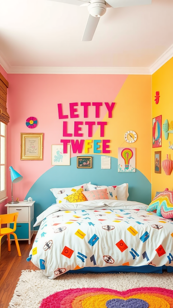 A colorful bedroom featuring accent walls in pink, orange, and teal with playful decor.