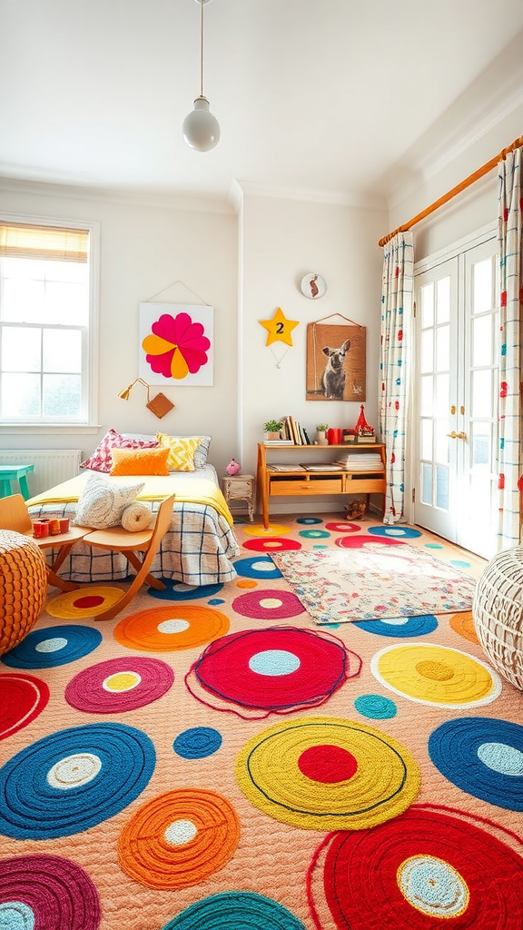 A colorful area rug with vibrant circular patterns in a bright room.