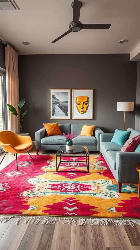 A vibrant living room featuring a colorful area rug with bold patterns.