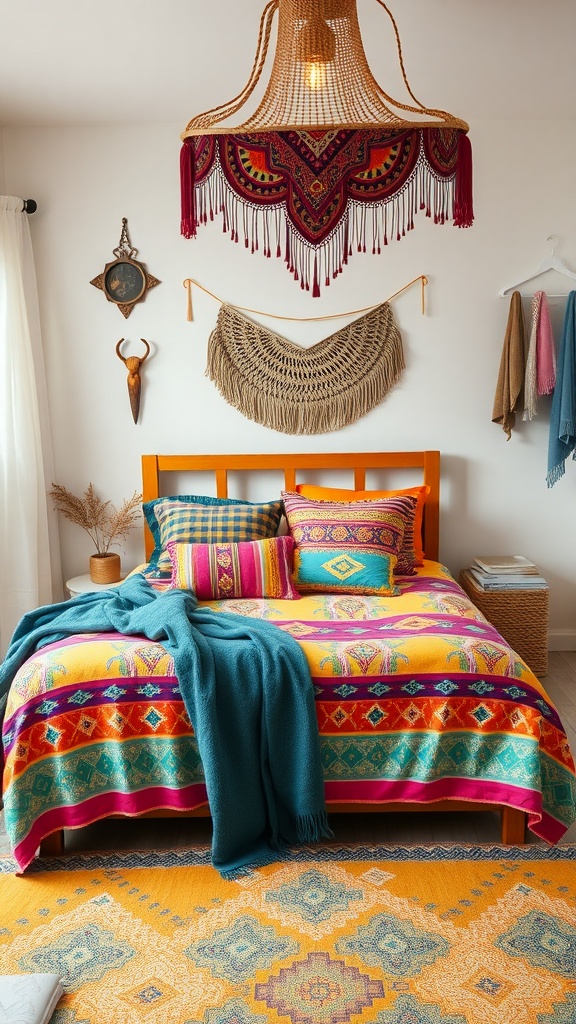 A vibrant boho-style bedspread with colorful patterns and textured throws on a bed.