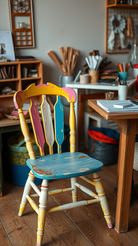 A colorful, paint-chipped chair in a vintage craft room setting.