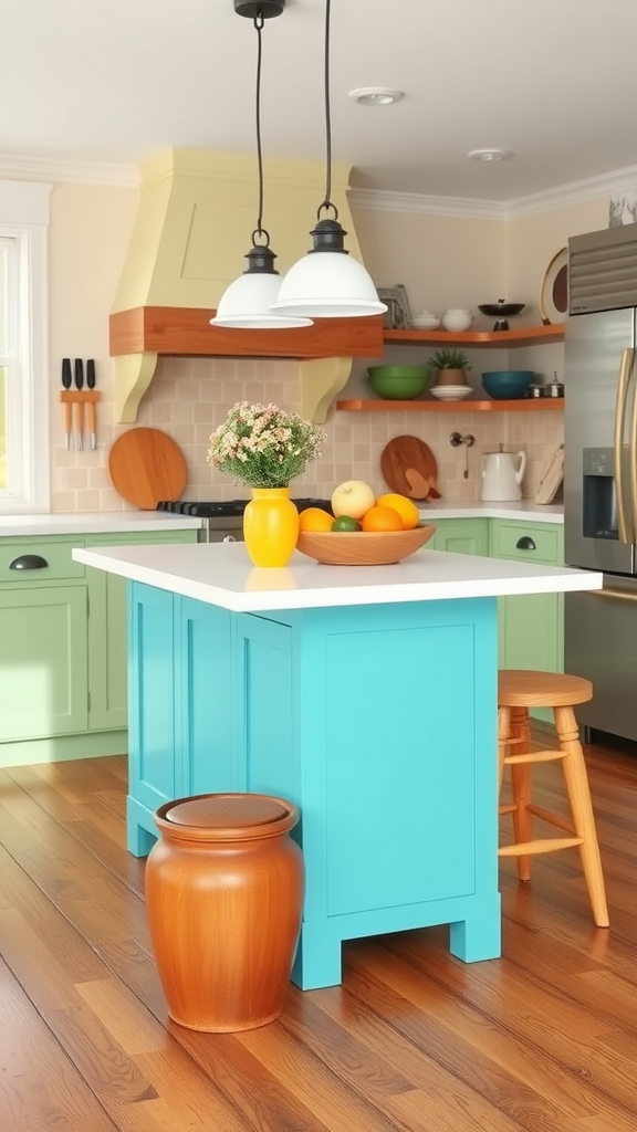 A brightly painted kitchen island in blue with a wooden stool and fresh fruits.