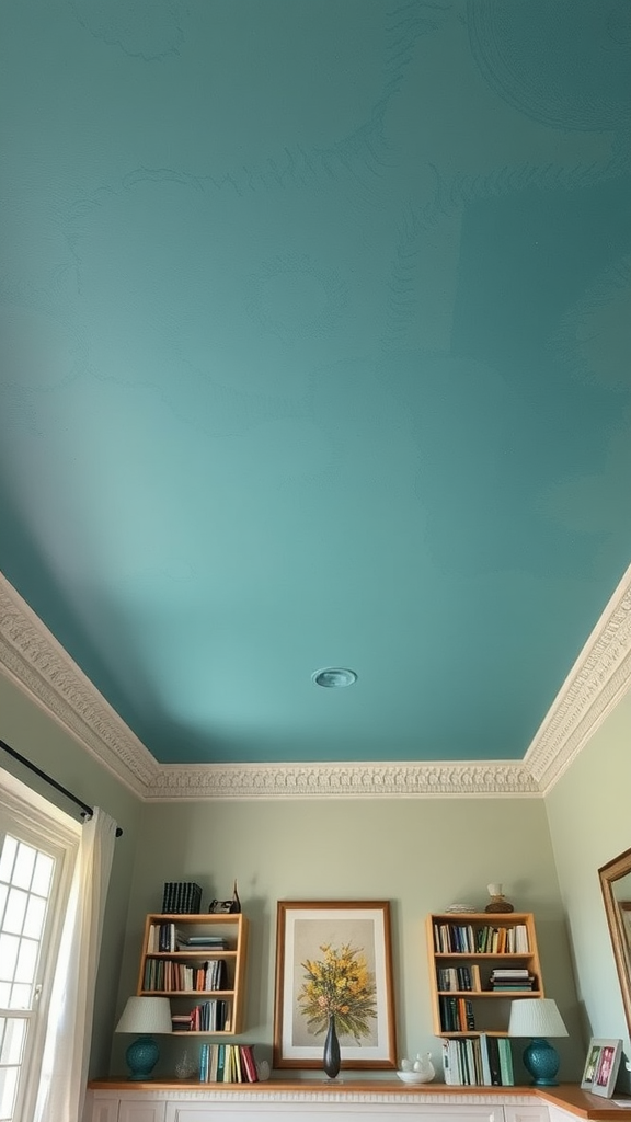 A room with a teal ceiling and light green walls, featuring bookshelves and a floral painting.