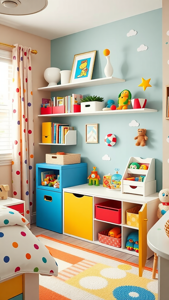 A colorful children's room with various storage solutions including blue, yellow, and red bins.