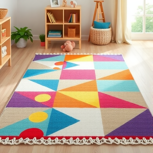 A colorful textile rug featuring geometric shapes and vibrant colors in a bright room.