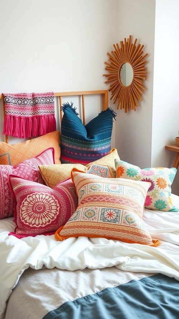 A collection of colorful throw pillows on a bed, featuring various patterns and vibrant colors.