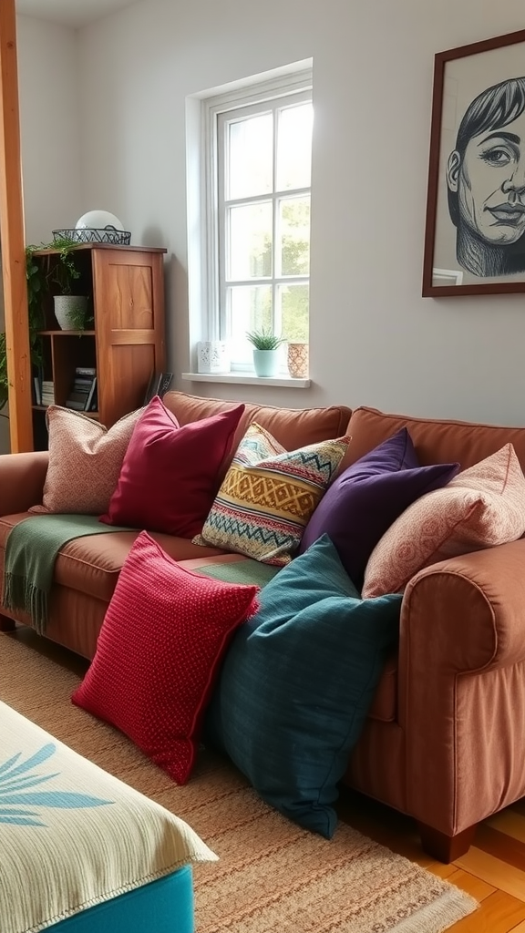 Living room with a brown sofa adorned with vibrant throw pillows in various colors and patterns.