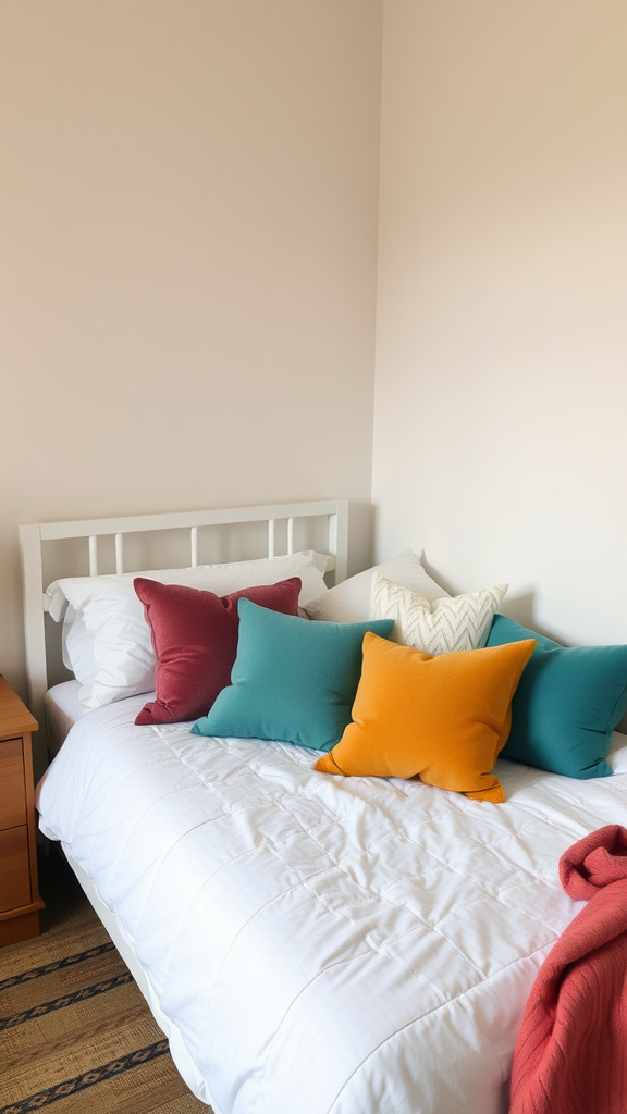 A bed with colorful throw pillows in various shades, including teal, orange, and burgundy, against a light wall.