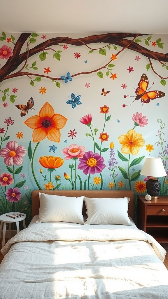 A colorful wall mural featuring flowers, butterflies, and greenery in a bright bedroom.