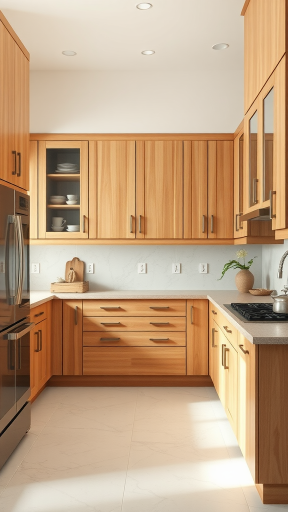 Modern kitchen featuring hickory cabinets and glass elements.