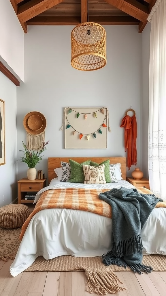 A cozy bedroom featuring modern and rustic decor elements.