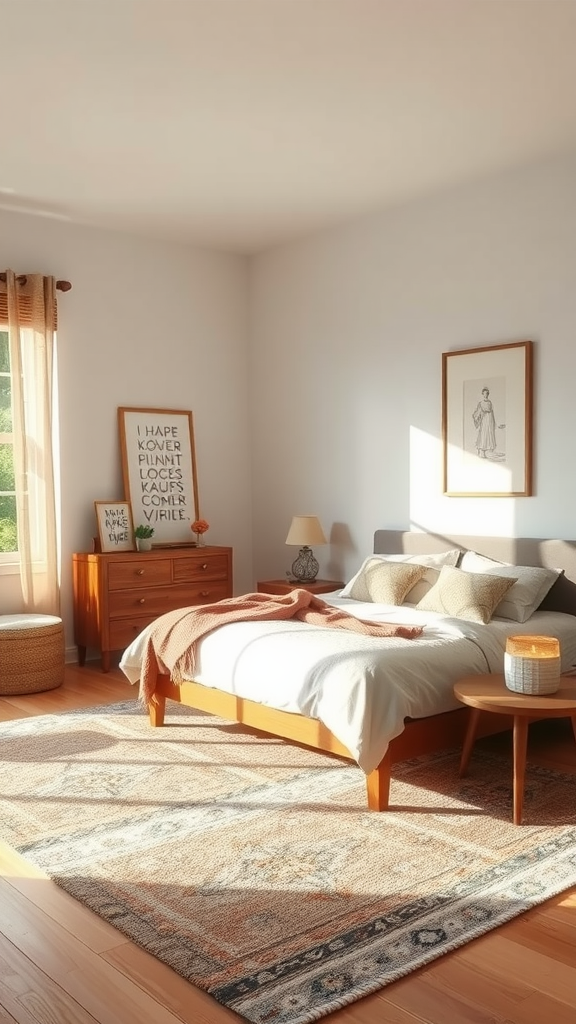 A cozy bedroom featuring a comfortable area rug, a bed, and warm sunlight.