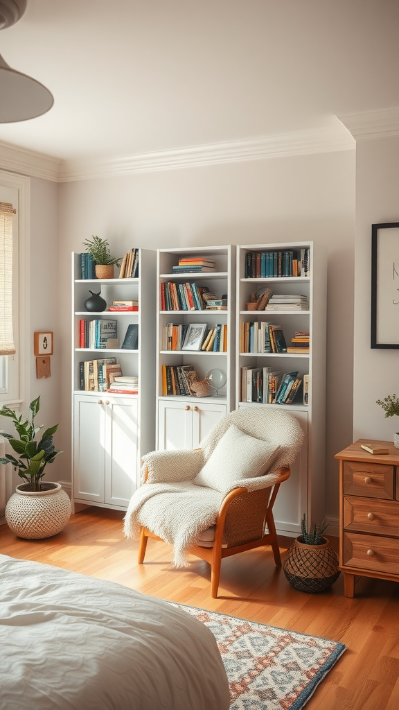 A cozy reading nook with a chair and bookshelves in a stylish bedroom