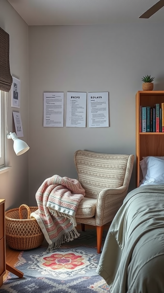 A cozy reading nook featuring a comfortable chair, a warm blanket, and a small bookshelf in a dorm room.