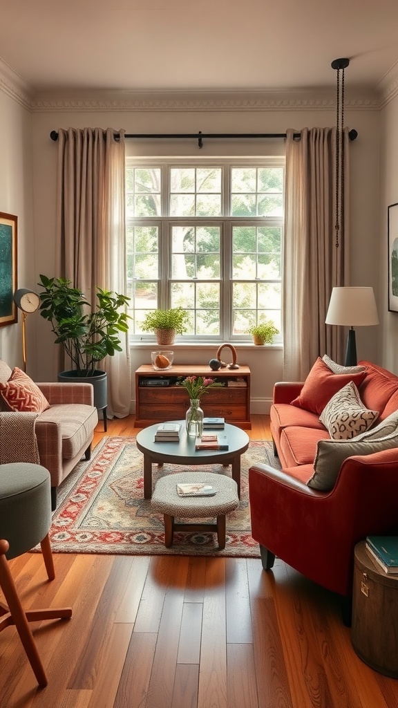 A cozy living room with a red sofa, patterned rug, and various seating options.