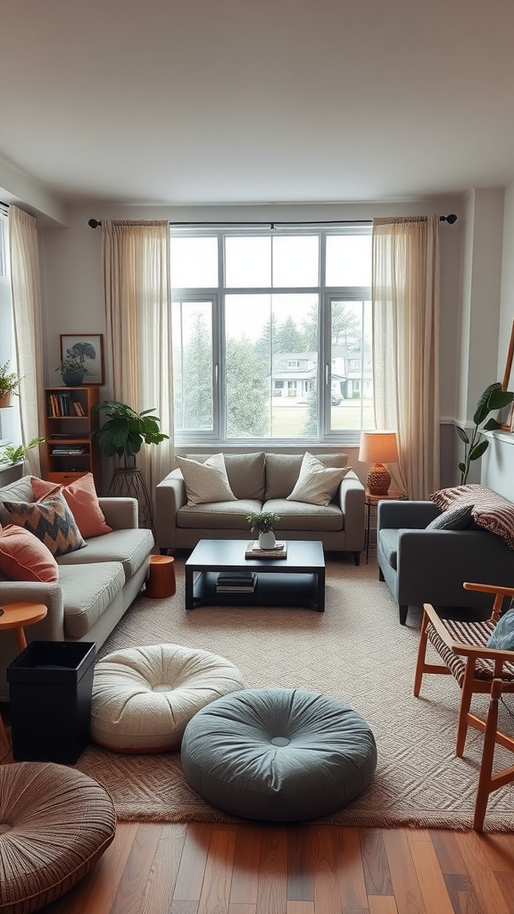 A cozy and eclectic living room with various seating options including sofas and floor cushions.