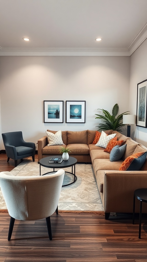 Cozy living room with a large sectional sofa, accent chairs, and a coffee table.