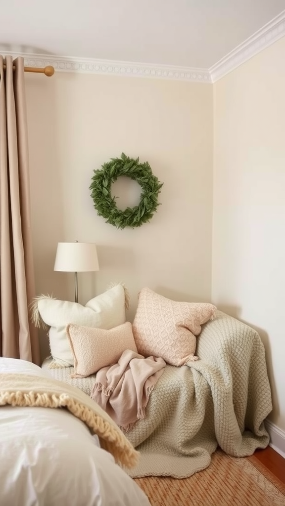 A cozy seating nook with pillows and a blanket, featuring a lamp and a wreath on the wall.